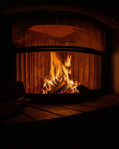 Roaring fireplace with warm amber glow