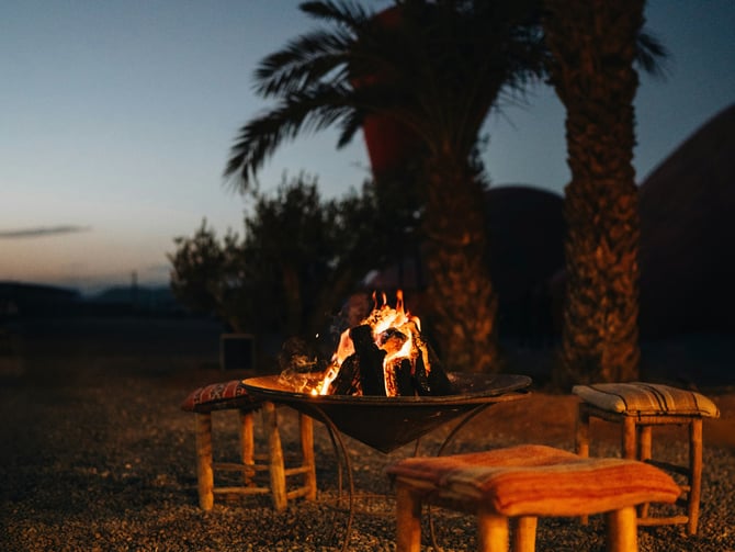 Fire pit gathering at dusk with palm trees