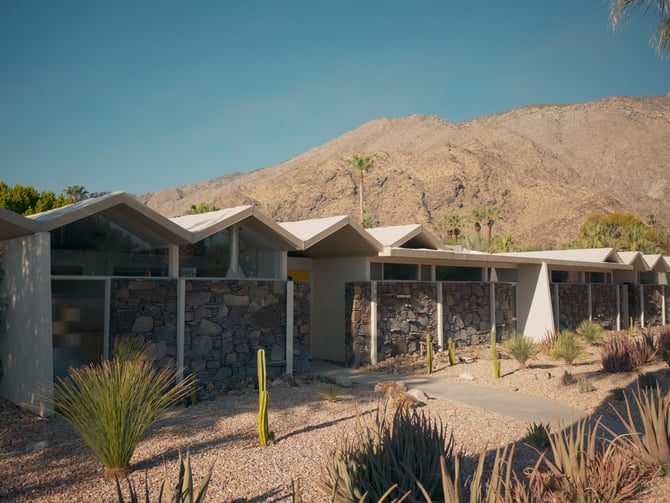 Midcentury modern bungalow exterior in the desert